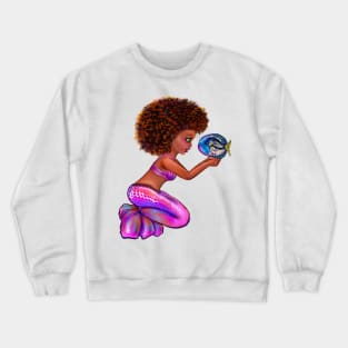 Black anime mermaid with blue tang fish, beautiful girl with Amber hair, green eyes, Cherry pink lips and dark brown skin. Hair love ! Crewneck Sweatshirt